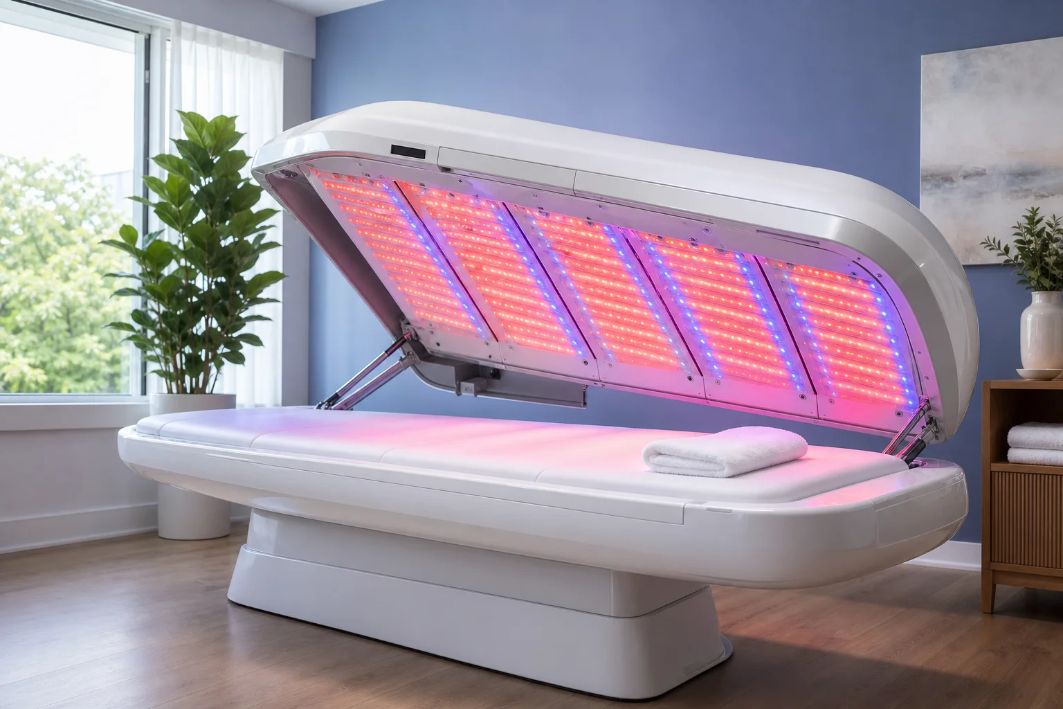Open full-body light therapy bed with glowing red and blue panels in a calm treatment room
